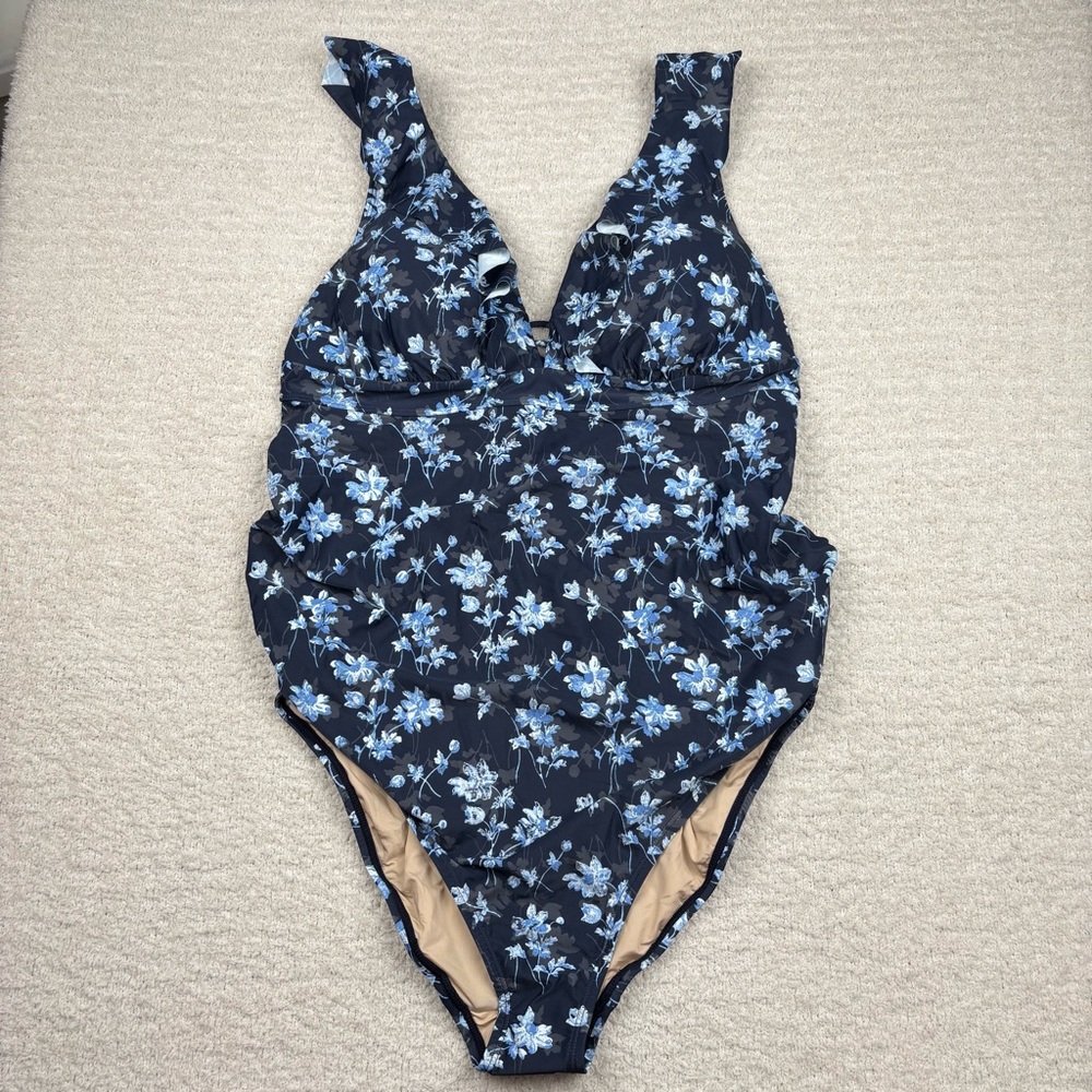 A Pea In The Pod Swimsuit Womens M Blue Floral Maternity Ruffle One Piece Boho
